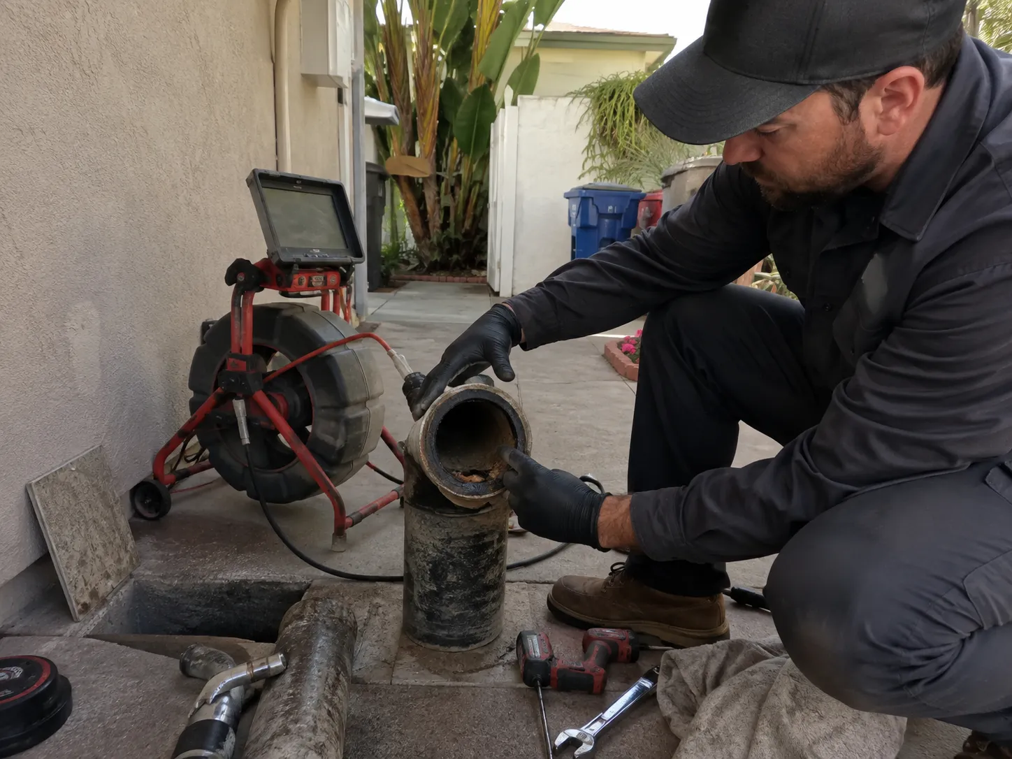 Older cast iron sewer pipe being evaluated for pipe relining in San Diego