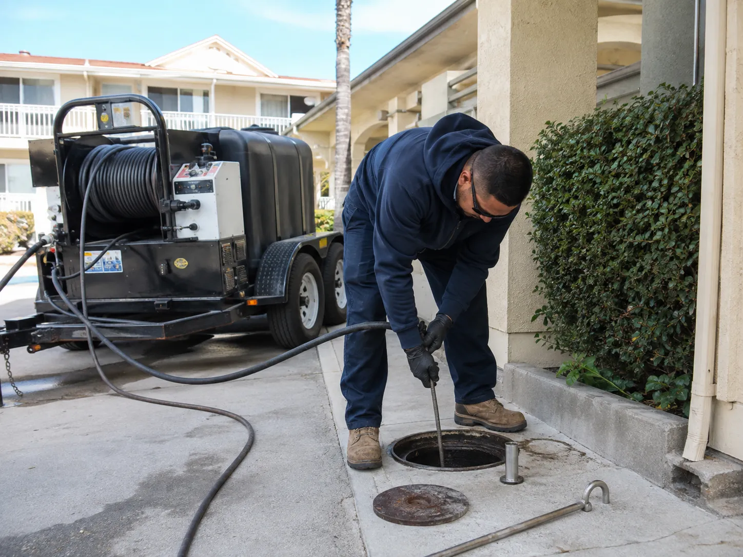 Commercial hydro jet drain cleaning equipment servicing a San Diego County property