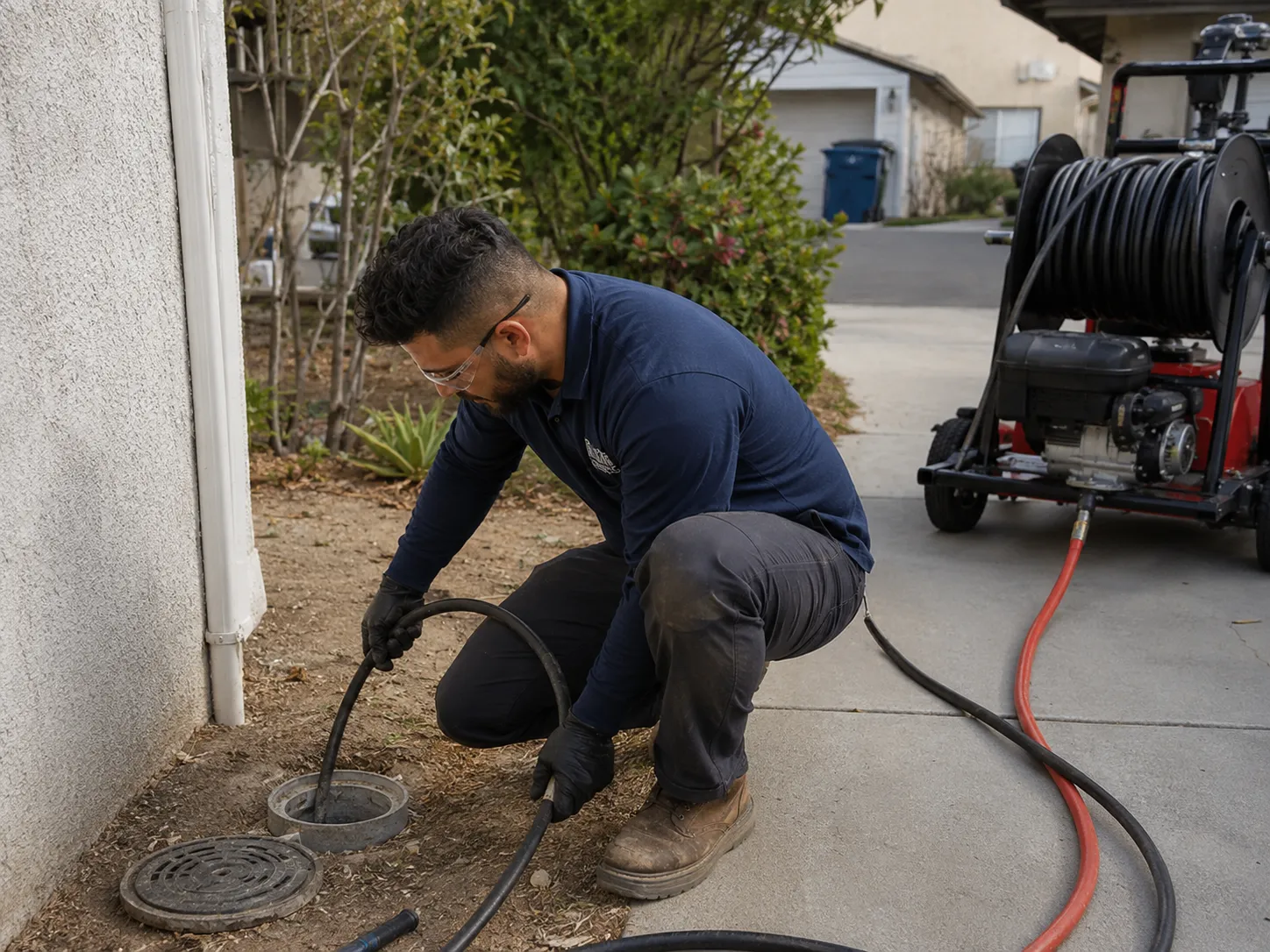 Professional hydro jetting equipment cleaning a sewer line at a San Diego property