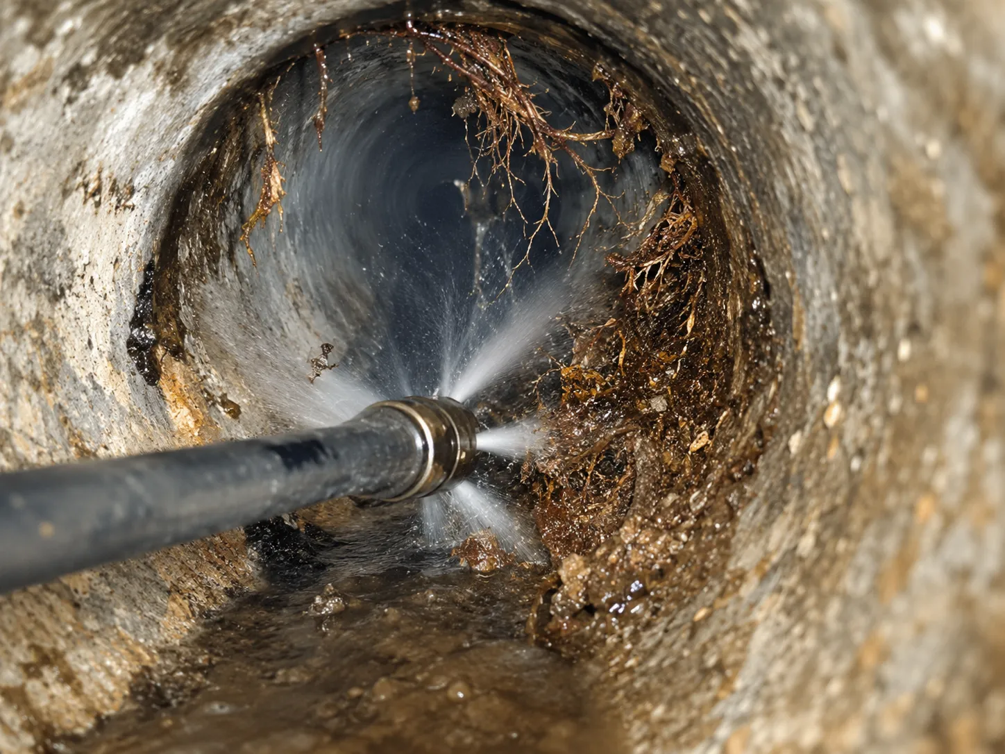 Drain line being cleaned to remove roots and buildup before epoxy pipe relining in San Diego