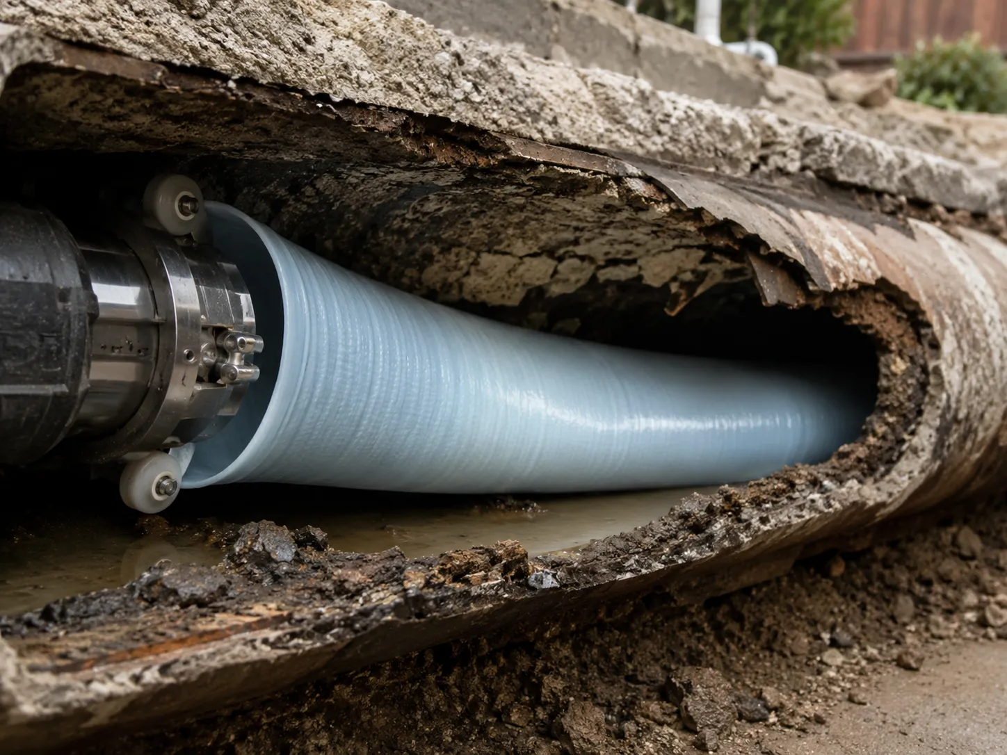 Epoxy liner being inserted into a damaged sewer pipe during pipe relining in San Diego