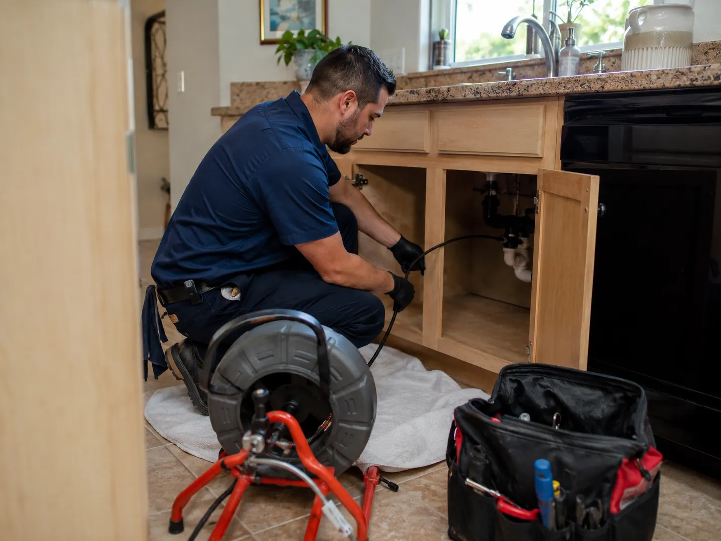 San Diego plumber clearing a clogged residential kitchen drain with professional drain cleaning equipment