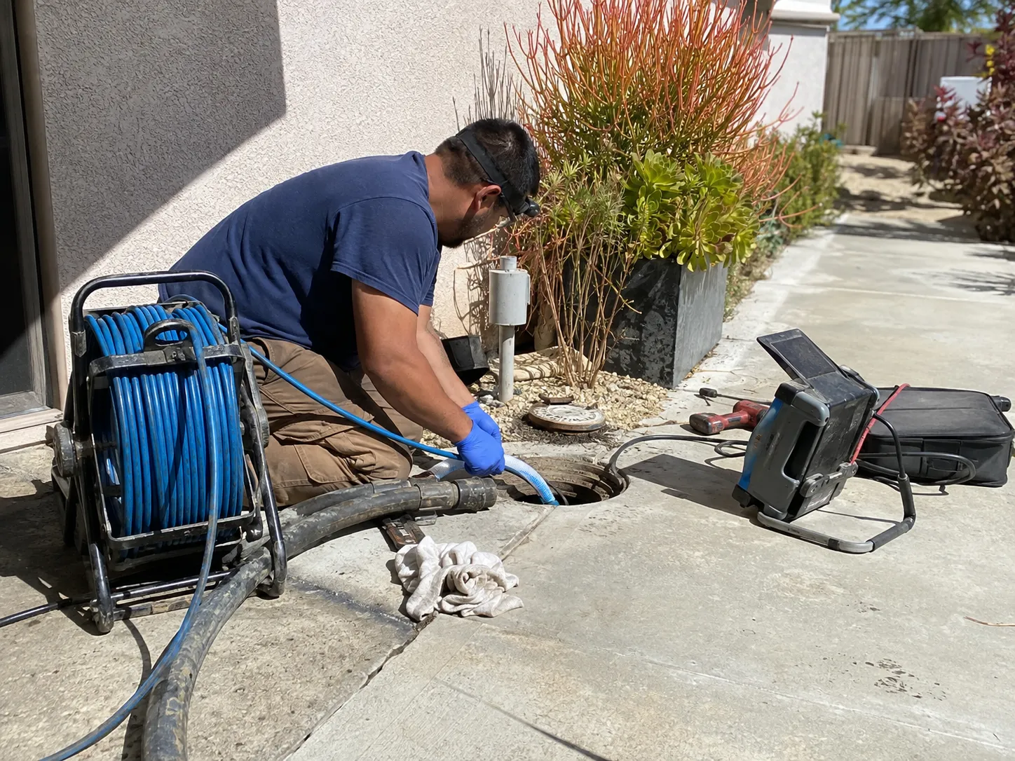 Trenchless pipe relining equipment at a San Diego County residential property