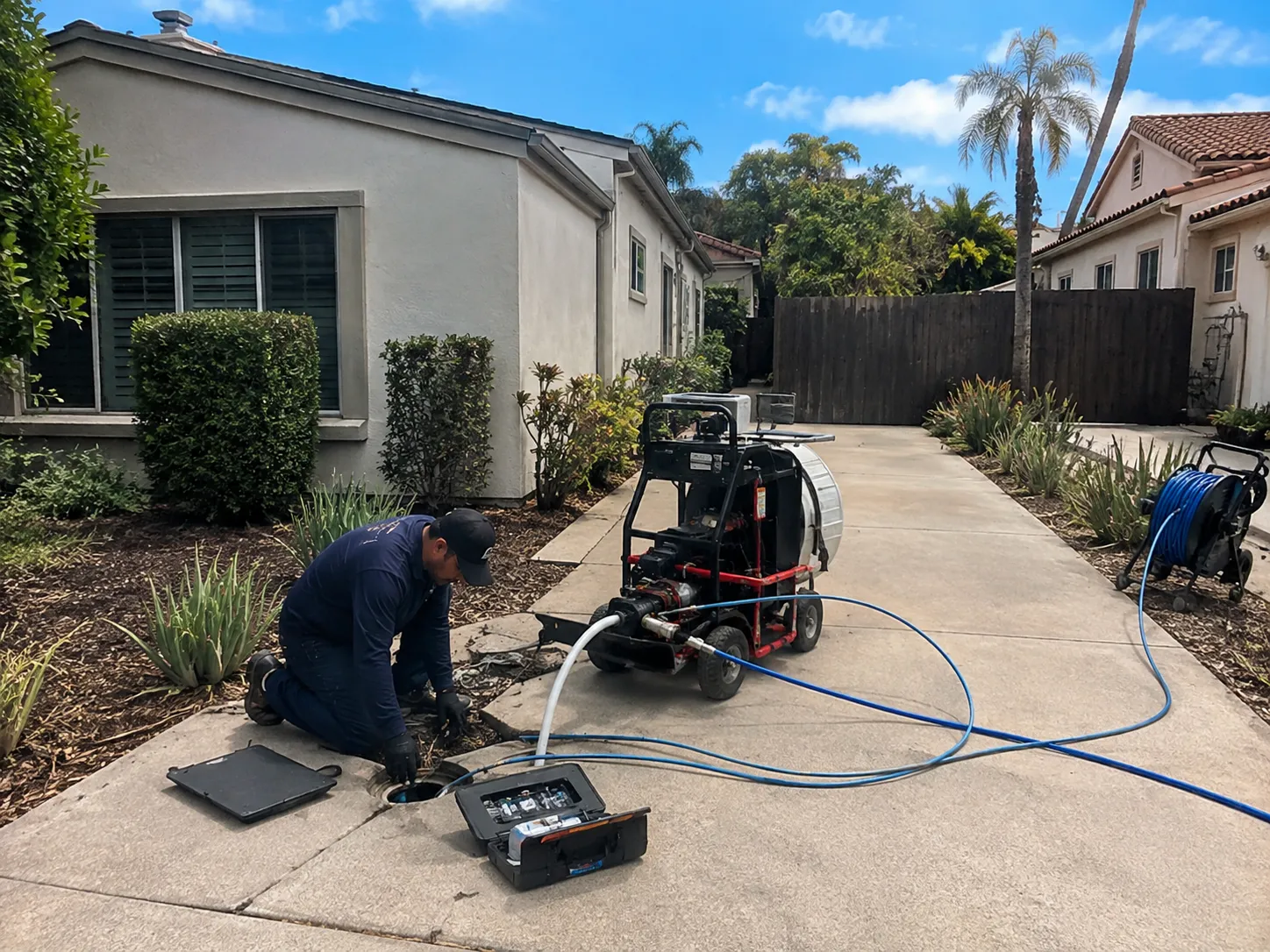 San Diego plumber preparing trenchless sewer line repair equipment at a residential cleanout